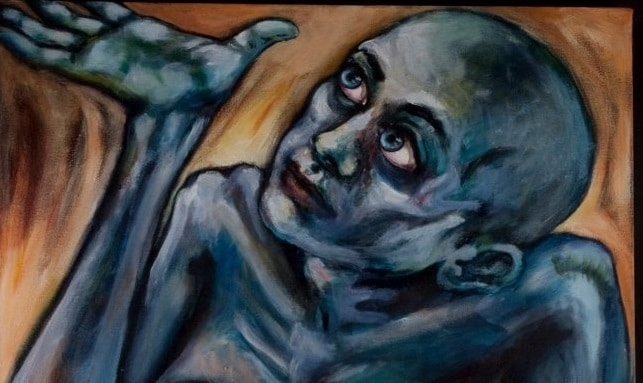 A painting of a figure confined in a box