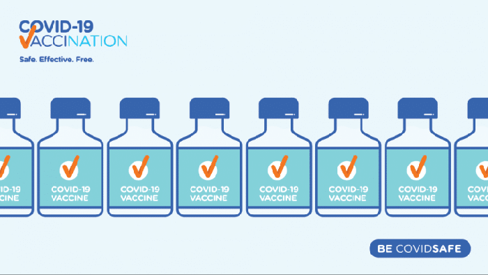 Bottle in a line with the words: COVID-19 vaccine. Safe. Effective. Free.