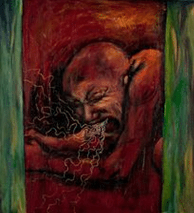 A painting of a figure screaming with saliva coming out of their mouth