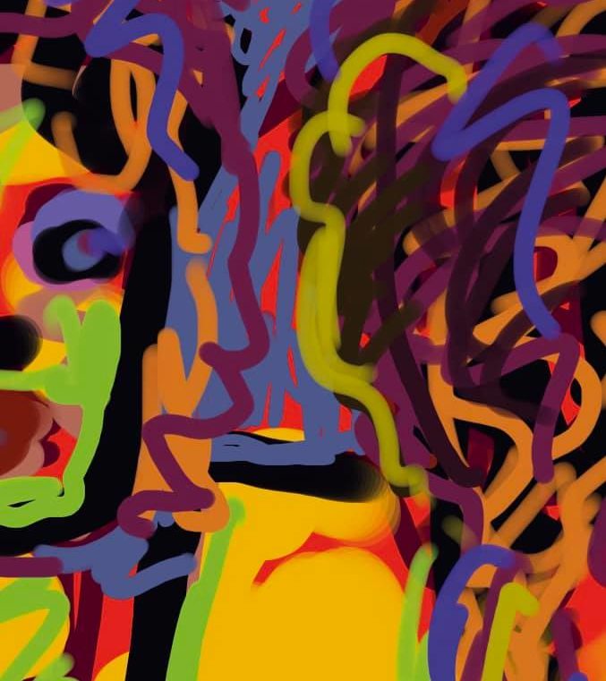 A brightly coloured digital artwork depicting a face n an abstract style.