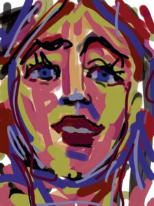 A brightly-coloured digital painting of a woman's face.