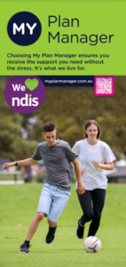 A young man and woman playing soccer together. The My Plan Manager and We 'heart' NDIS logos.