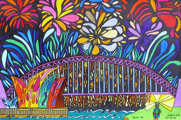 Shine on Laser Beak Man by Tim Sharp - a piece of Tim's artwork depicting Sydney Opera House and Sydney Harbour Bridge in an array of colours, with Laser Beak Man standing in the bottom right hand corner. 