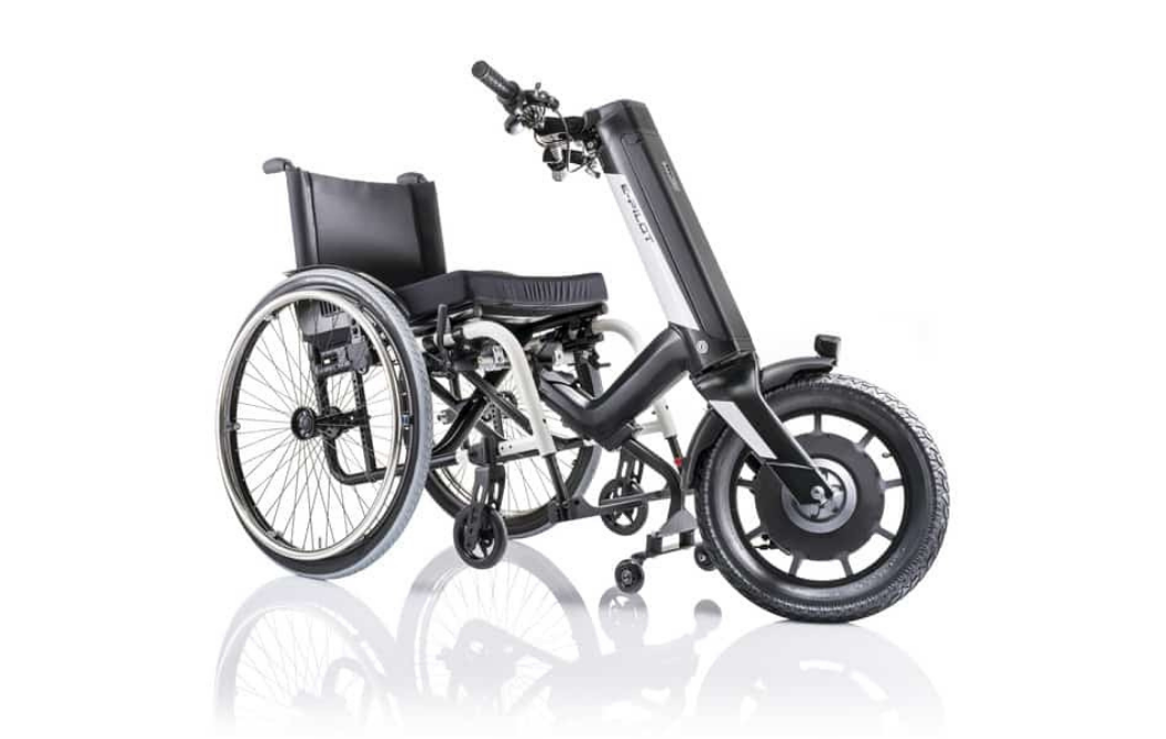 A black wheelchair modified with a modern scooter attachment called an Alber e-pilot.