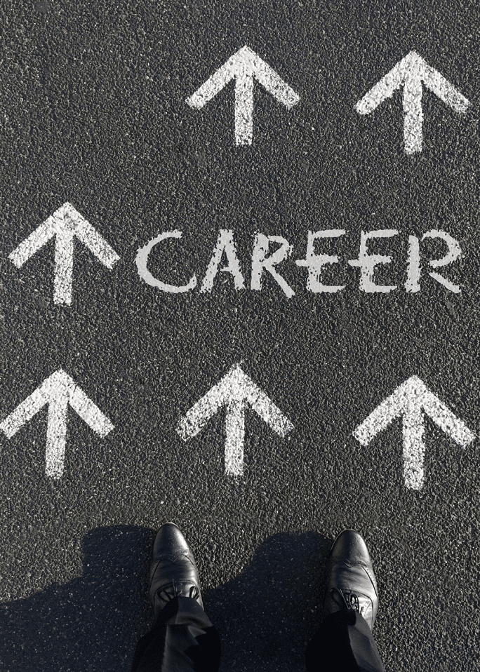 A picture of a pair of feet on bitumen with white arrows pointing upward and the word 'career'.