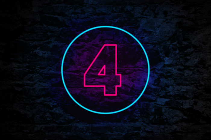 The number four in pink lights with a blue circle, on a black background.