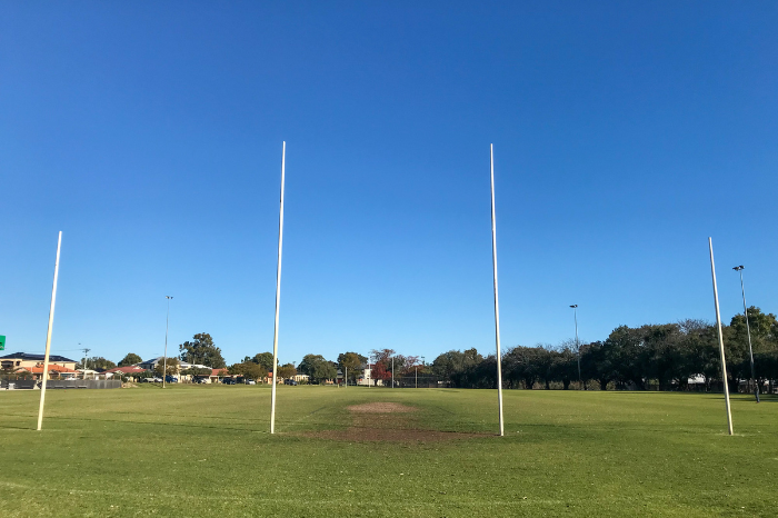 Football goals surrounded by green grass.