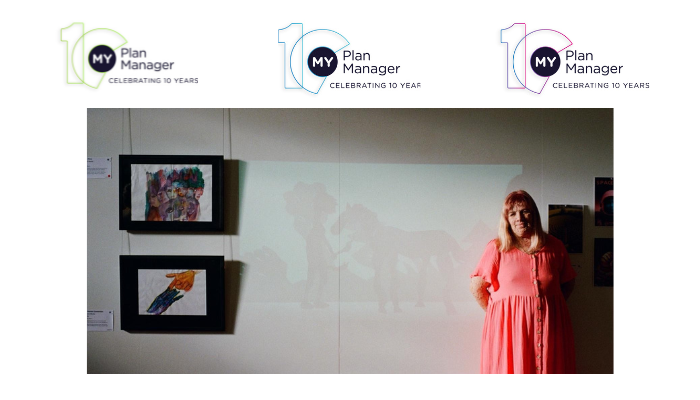 A picture of Hayley next to her artwork with three My Plan Manager 10th anniversary logos at the top.