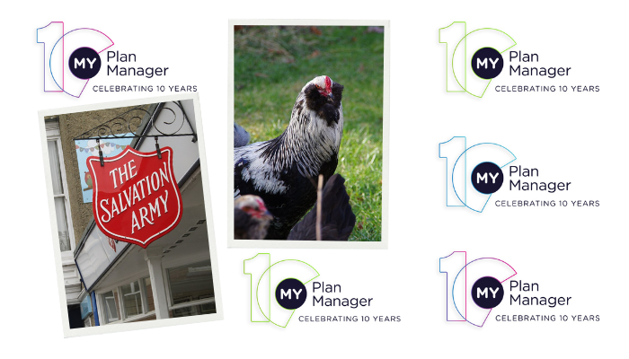 Two pictures of a Salvation Army logo and Arakuna chickens against a My Plan Manager 10th anniversary-themed backdrop.