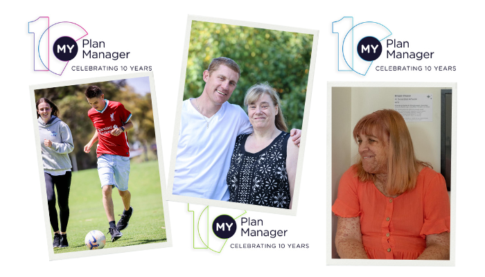 Three portrait shots of people against a My Plan Manager 10th anniversary-themed backdrop.